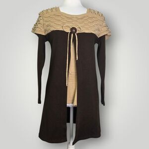 Cottagecore Knit Cardigan Brown Beige Textured Tie Front Size Large